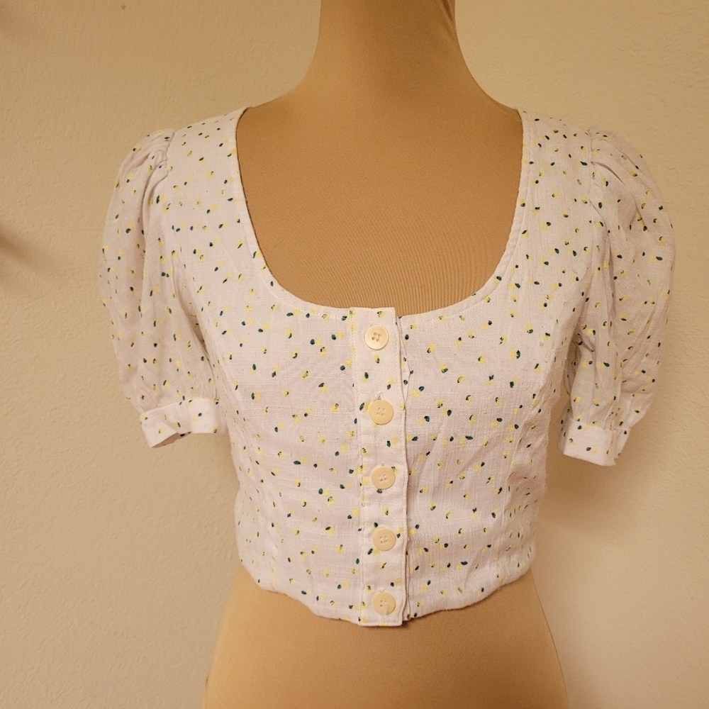 Staud Floral Scoop Neck Crop Top Princess Sleeves